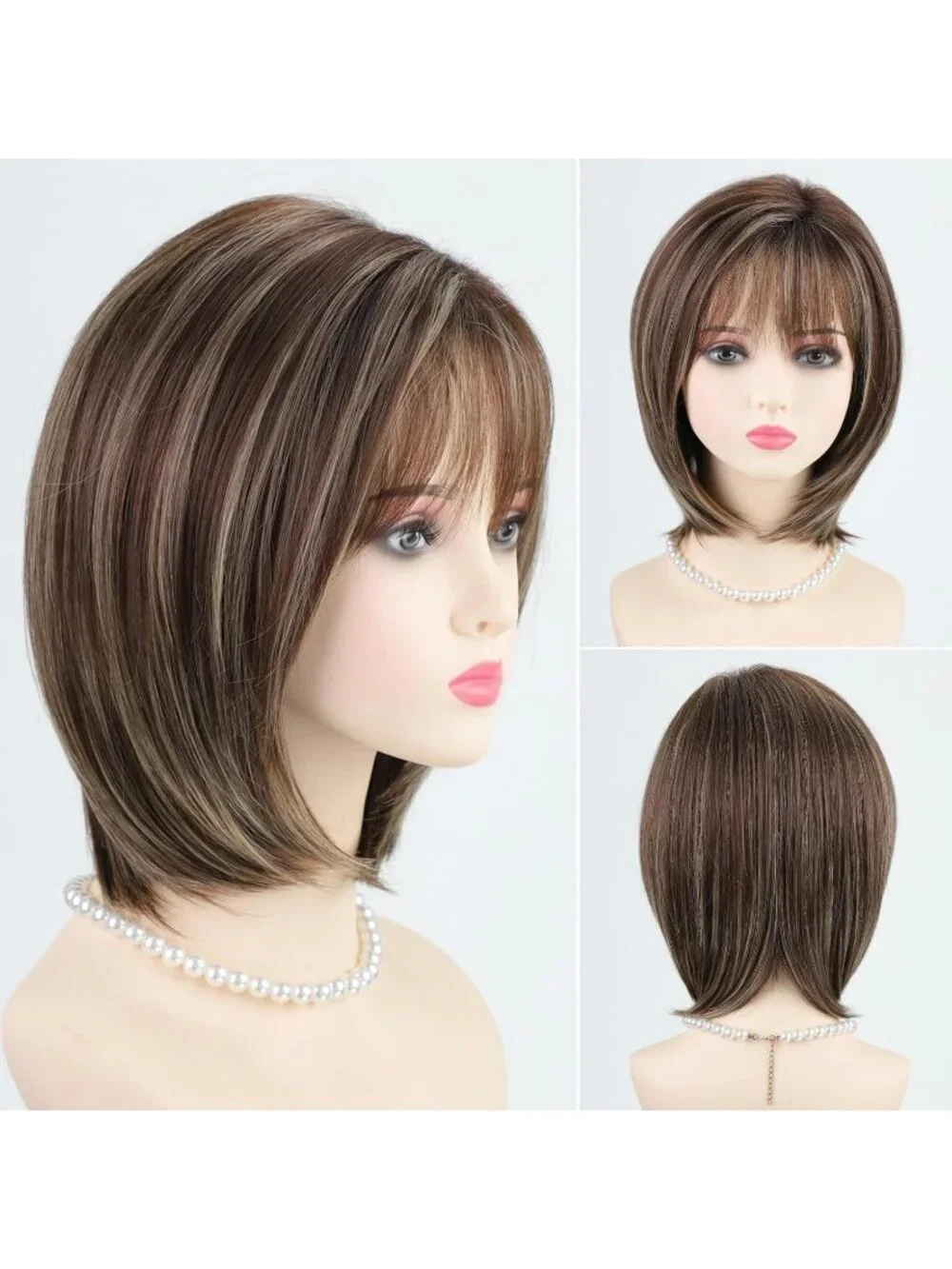 Women Brown Blonde 1 12 Inch Mid Length Heat Synthetic Straight Layered Bob Wigs